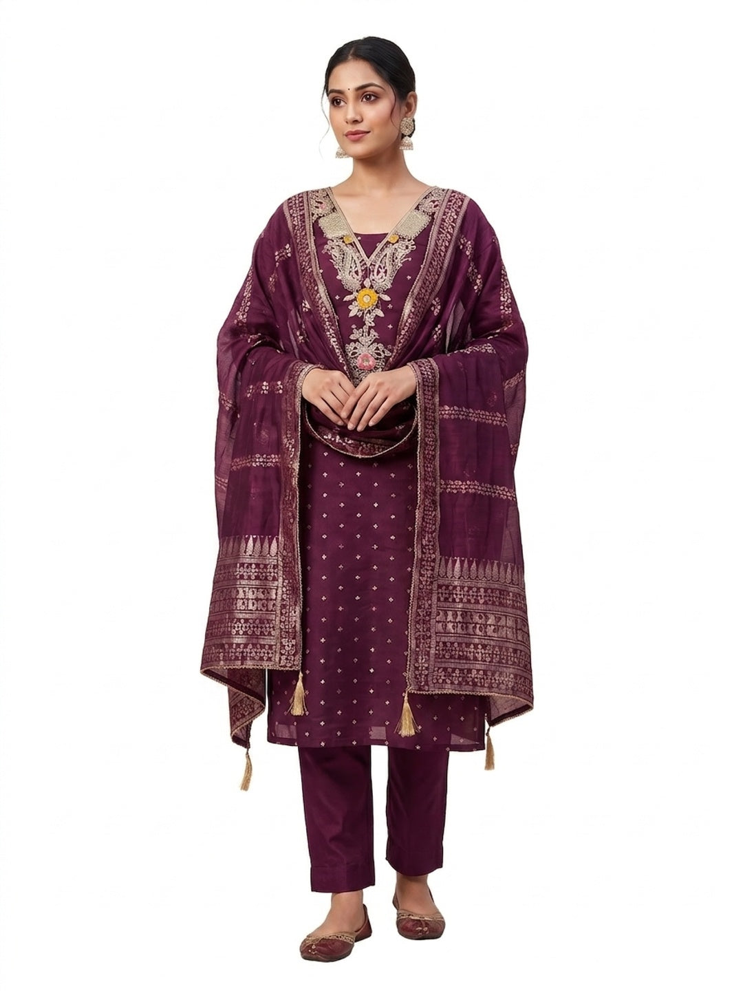 Peachmode Wine Chanderi Silk Dress Material with Ethnic Motifs - Image 4
