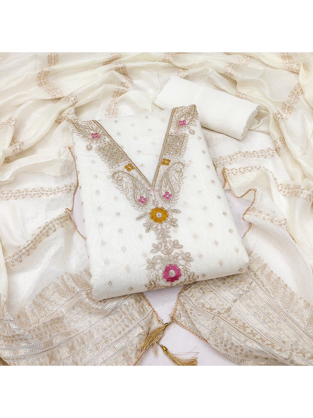 Peachmode Cream Chanderi Silk Unstitched Dress Material with Thread Work - Image 1