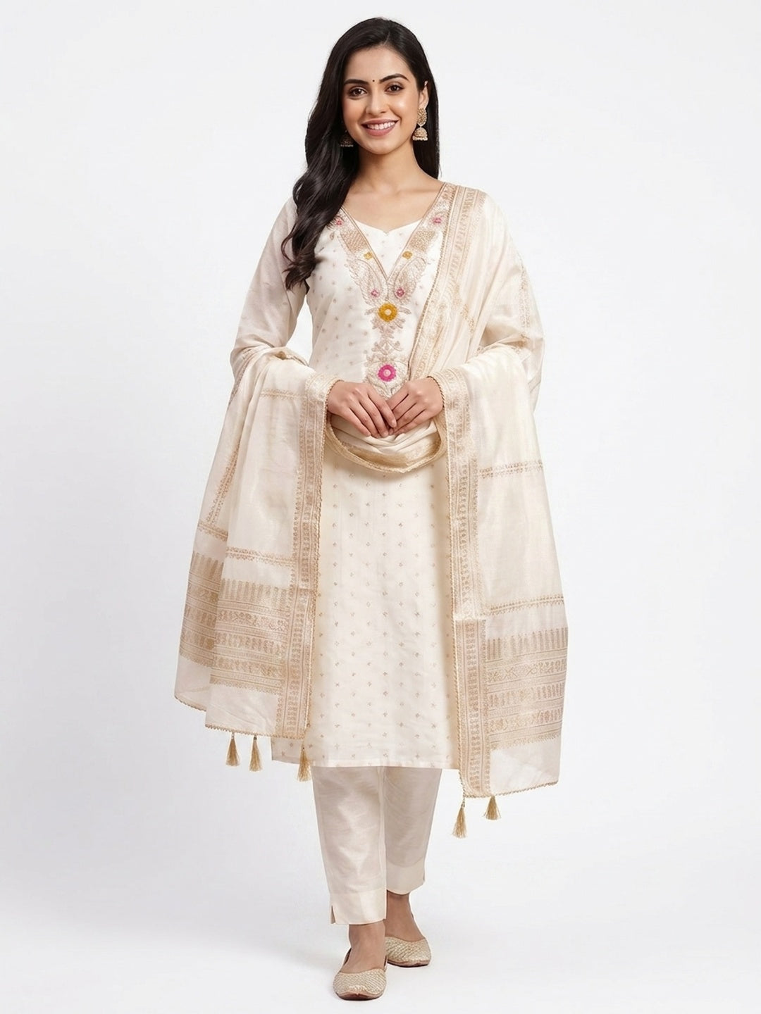 Peachmode Cream Chanderi Silk Dress Material with Ethnic Motifs - Image 4