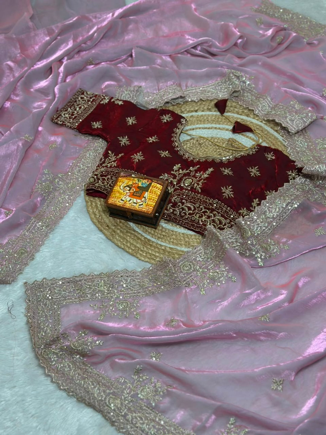 Peachmode Pink Fandy Satin Saree with C-Pallu Embroidery and Cutwork Border - Image 4