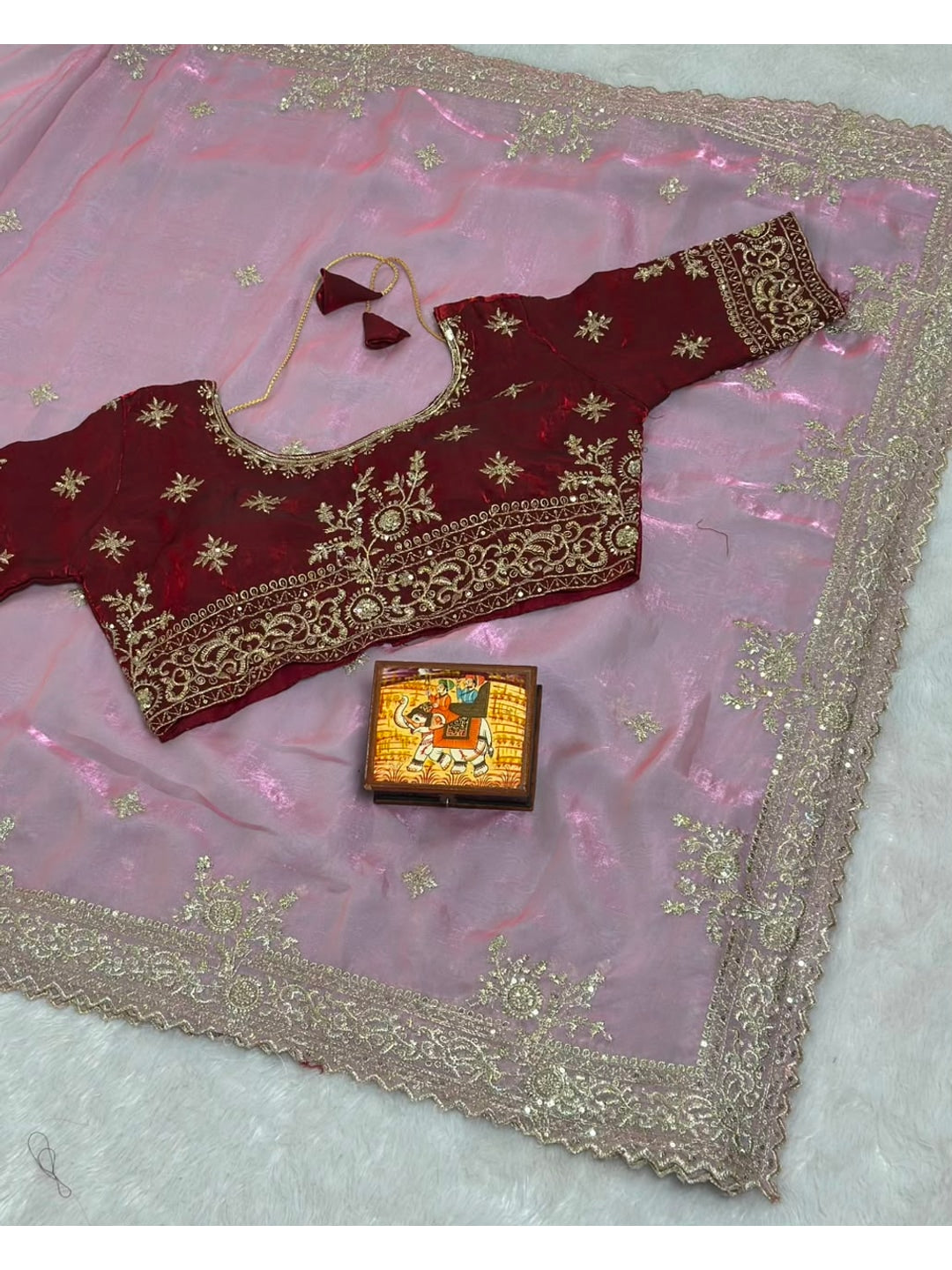 Peachmode Pink Fandy Satin Saree with C-Pallu Embroidery and Cutwork Border - Image 5