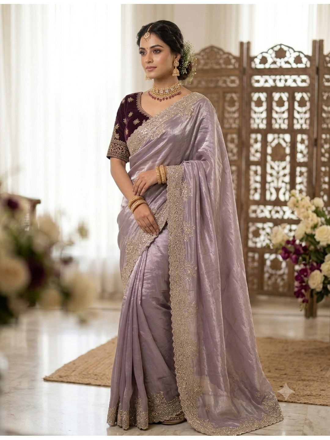 Peachmode Lavender Fandy Satin Saree with C-Pallu Embroidery and Cutwork Border - Image 2