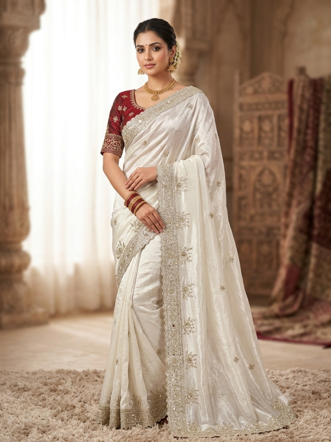 Peachmode White Fandy Satin Saree with C-Pallu Embroidery and Cutwork Border - Image 3