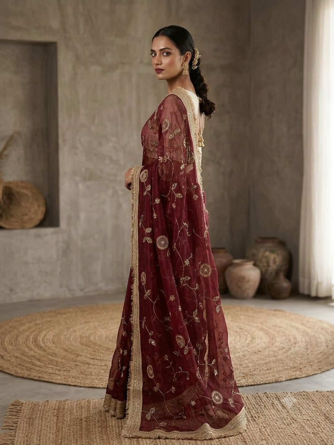 Peachmode Wine Fandy Satin Saree with C-Pallu Embroidery and Lace Border - Image 2