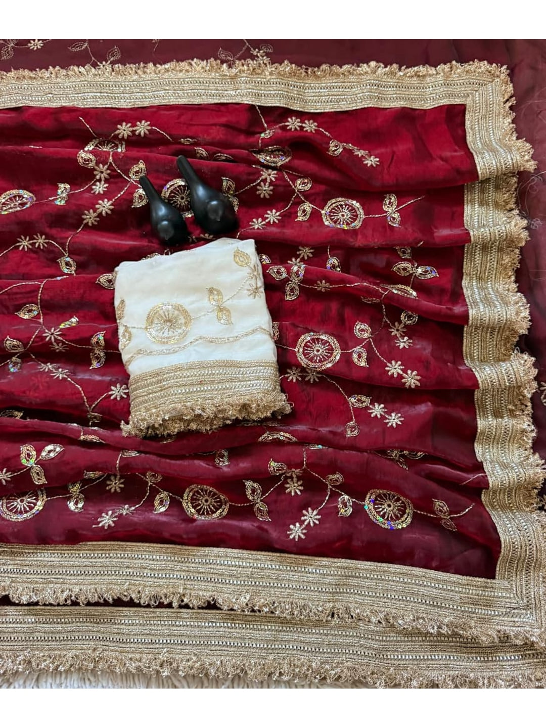 Peachmode Wine Fandy Satin Saree with C-Pallu Embroidery and Lace Border - Image 5
