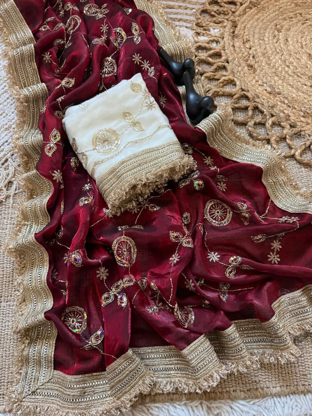 Peachmode Wine Fandy Satin Saree with C-Pallu Embroidery and Lace Border - Image 6