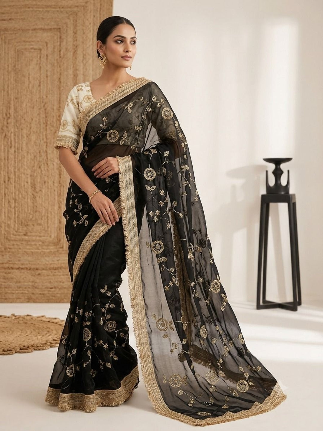 Peachmode Black Fandy Satin Saree with C-Pallu Embroidery and Lace Border - Image 1