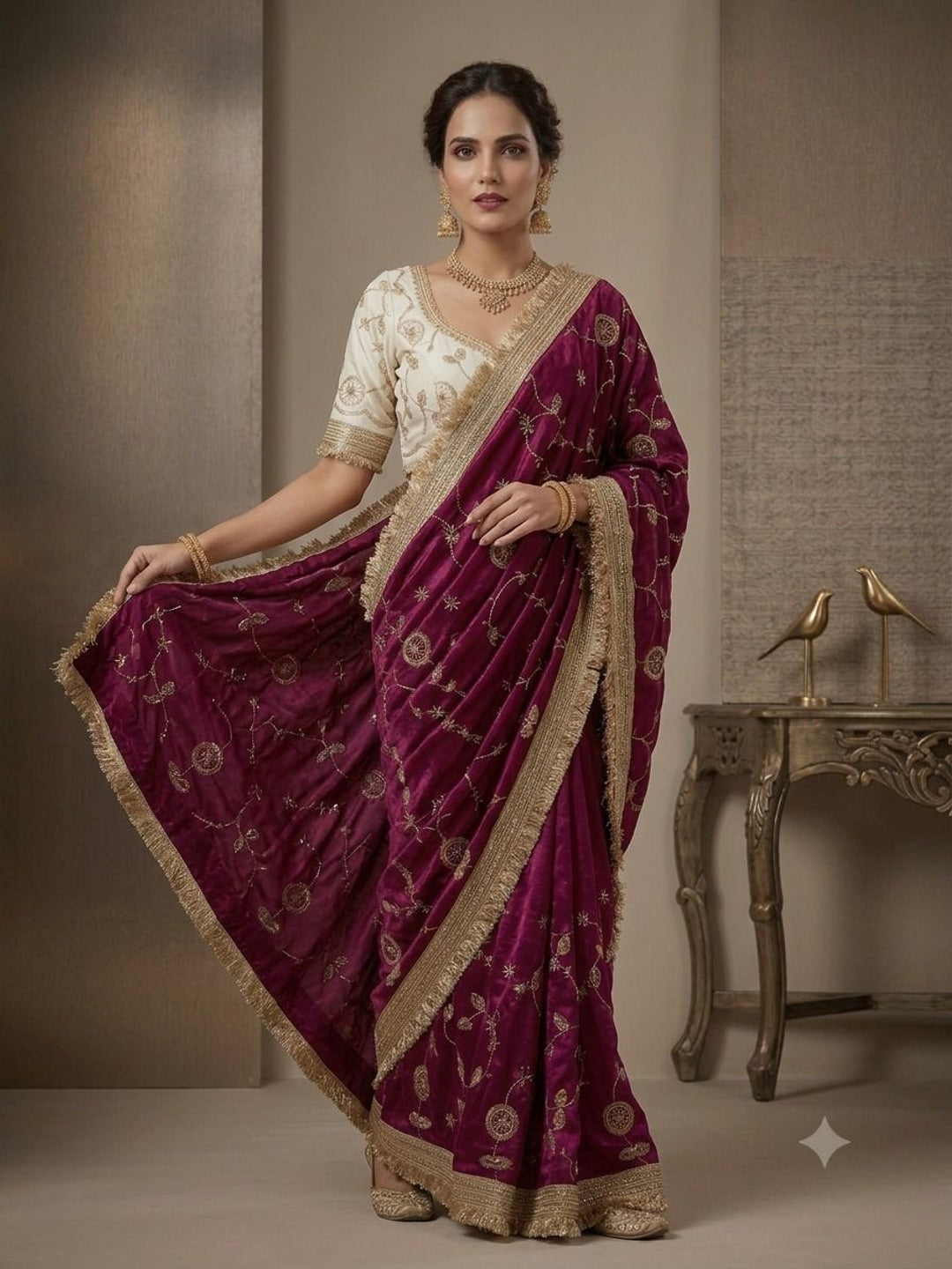 Peachmode Magenta Fandy Satin Saree with C-Pallu Embroidery and Lace Border - Image 1