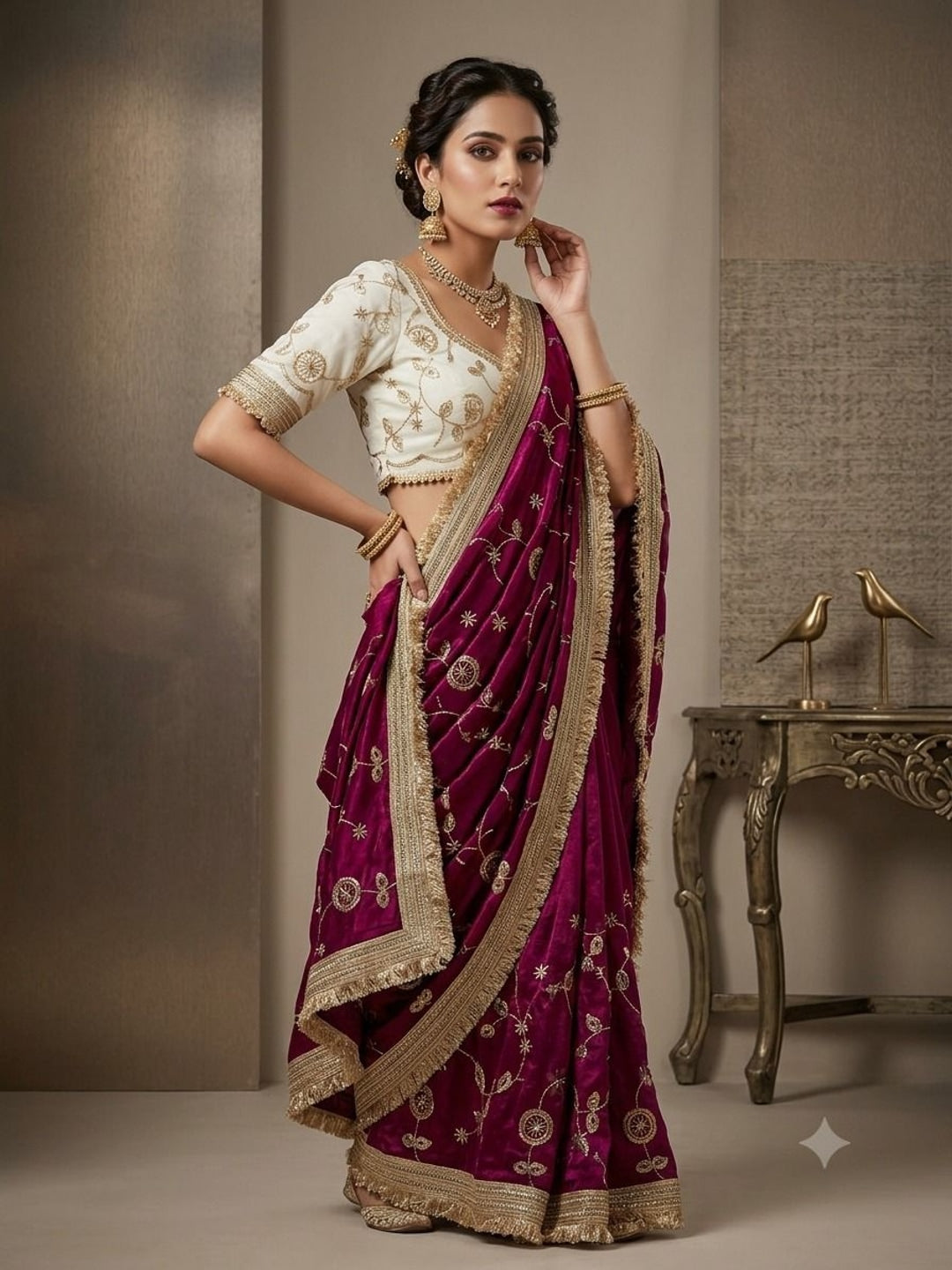 Peachmode Magenta Fandy Satin Saree with C-Pallu Embroidery and Lace Border - Image 2