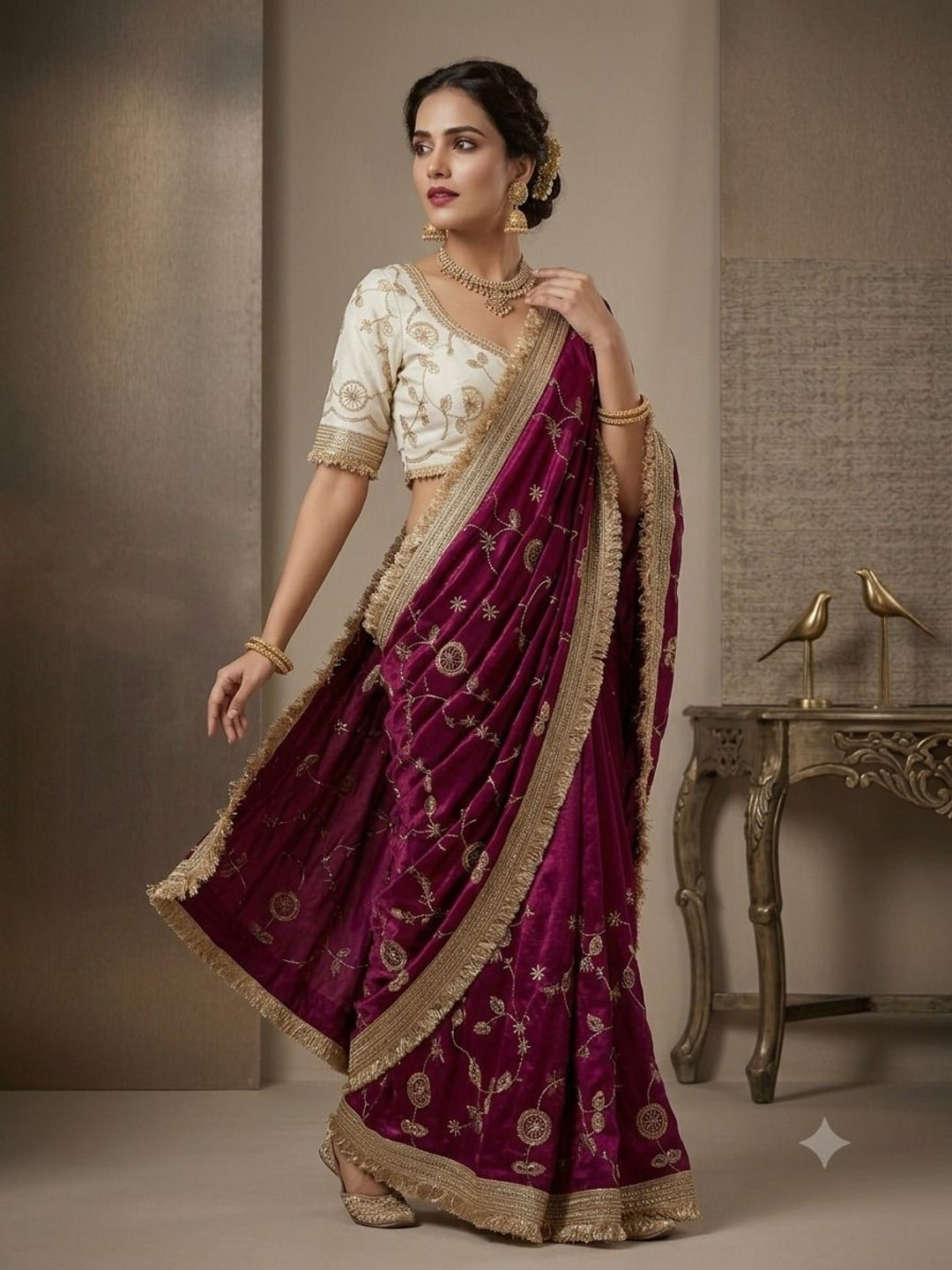Peachmode Magenta Fandy Satin Saree with C-Pallu Embroidery and Lace Border - Image 3