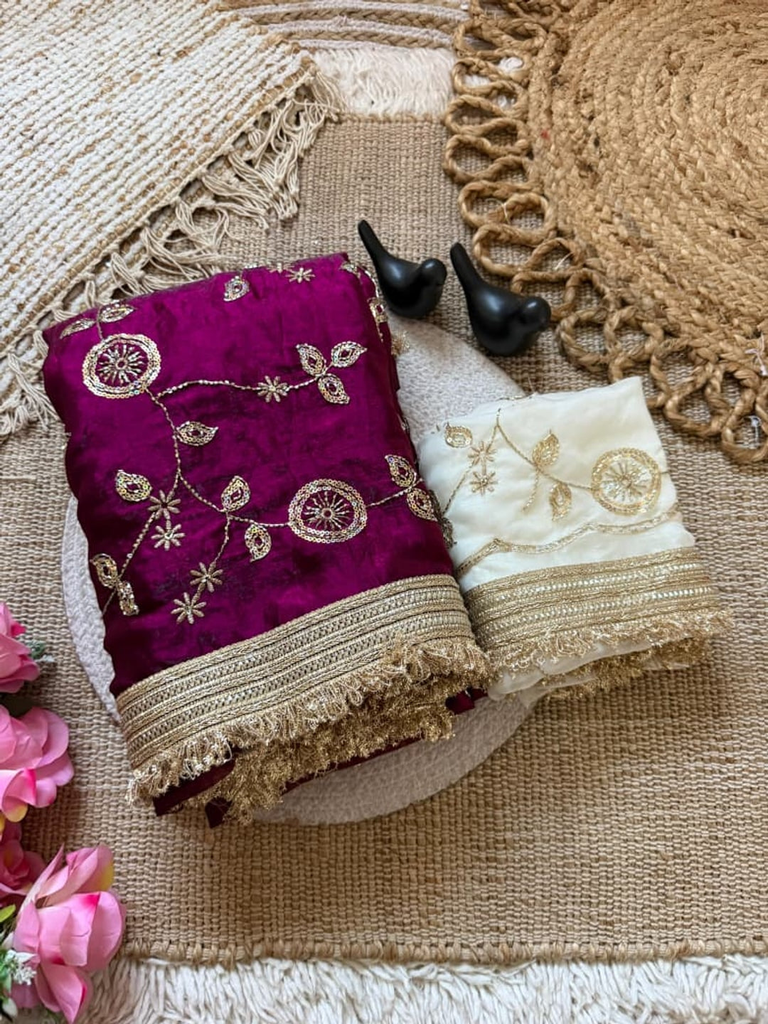 Peachmode Magenta Fandy Satin Saree with C-Pallu Embroidery and Lace Border - Image 4
