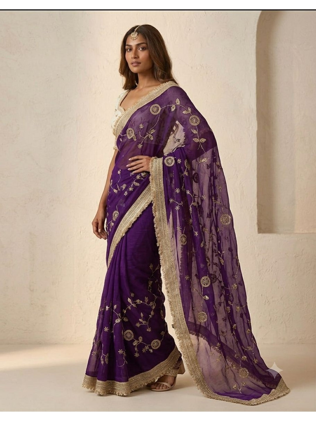 Peachmode Purple Fandy Satin Saree with C-Pallu Embroidery and Lace Border - Image 2
