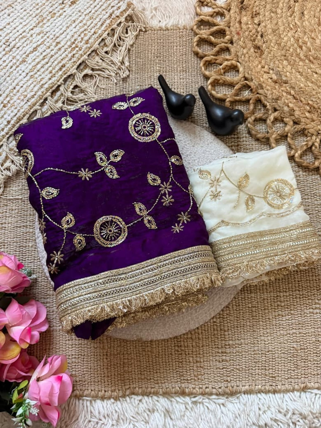 Peachmode Purple Fandy Satin Saree with C-Pallu Embroidery and Lace Border - Image 4