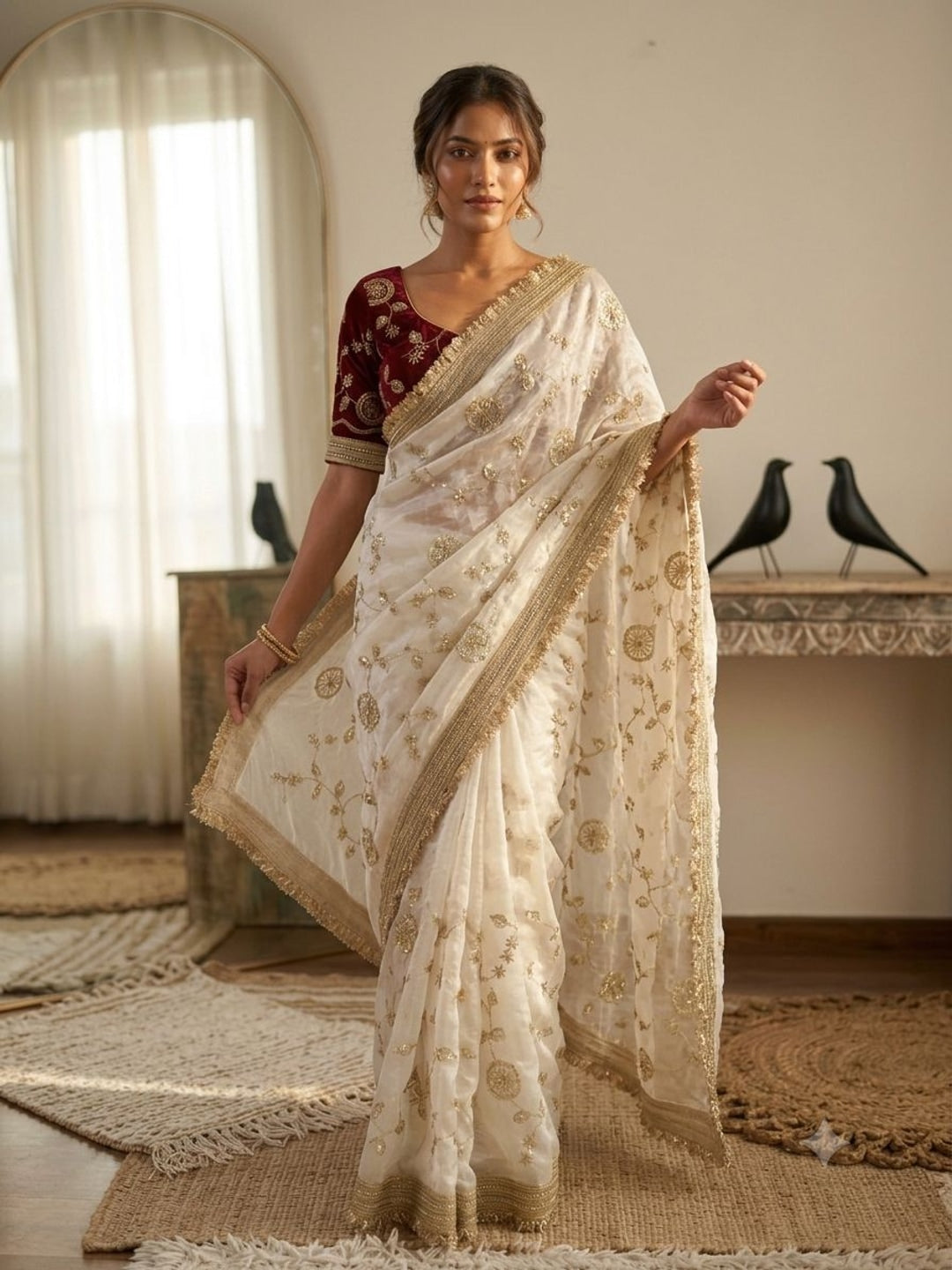 Peachmode White Fandy Satin Saree with C-Pallu Embroidery and Lace Border - Image 1