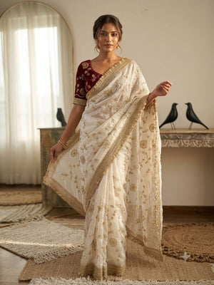 Peachmode White Fandy Satin Saree with C-Pallu Embroidery and Lace Border - Image 1