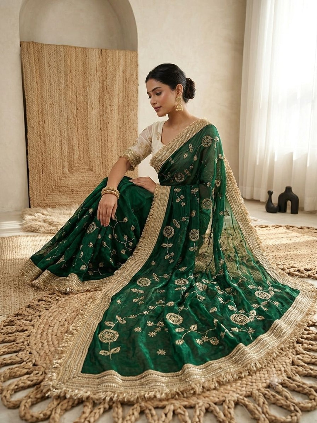Peachmode Green Fandy Satin Saree with C-Pallu Embroidery and Lace Border - Image 2