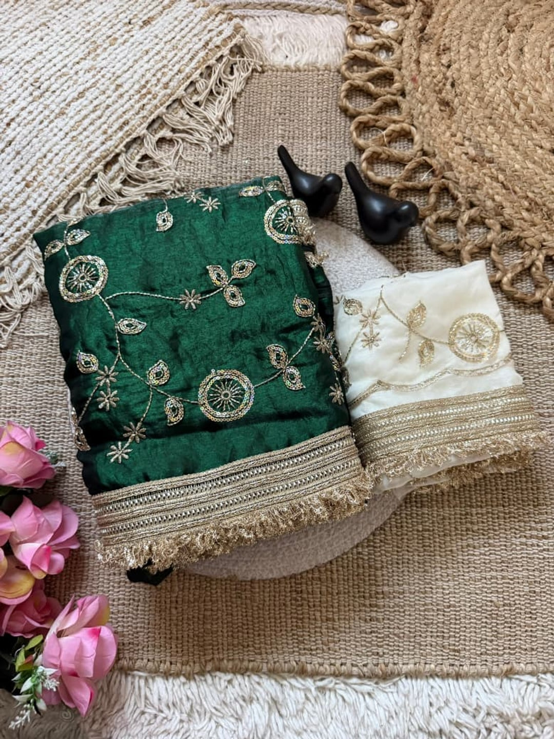 Peachmode Green Fandy Satin Saree with C-Pallu Embroidery and Lace Border - Image 4