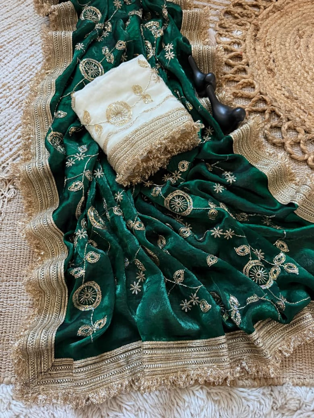 Peachmode Green Fandy Satin Saree with C-Pallu Embroidery and Lace Border - Image 6