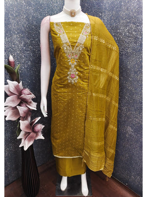 Peachmode Mustard Chanderi Silk Dress Material with Ethnic Motifs - Image 2