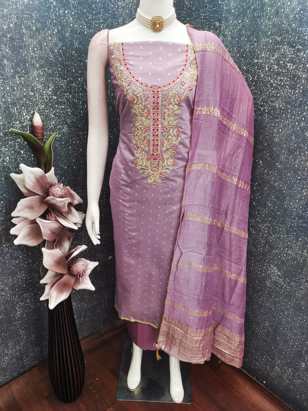 Peachmode Mauve Chanderi Silk Dress Material with Ethnic Motifs - Image 2