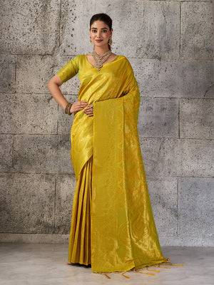 Peachmode Mustard Kanjivaram Silk Blend Saree - Image 1