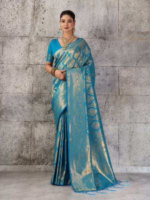 Peachmode Teal Kanjivaram Silk Blend Saree - Image 1