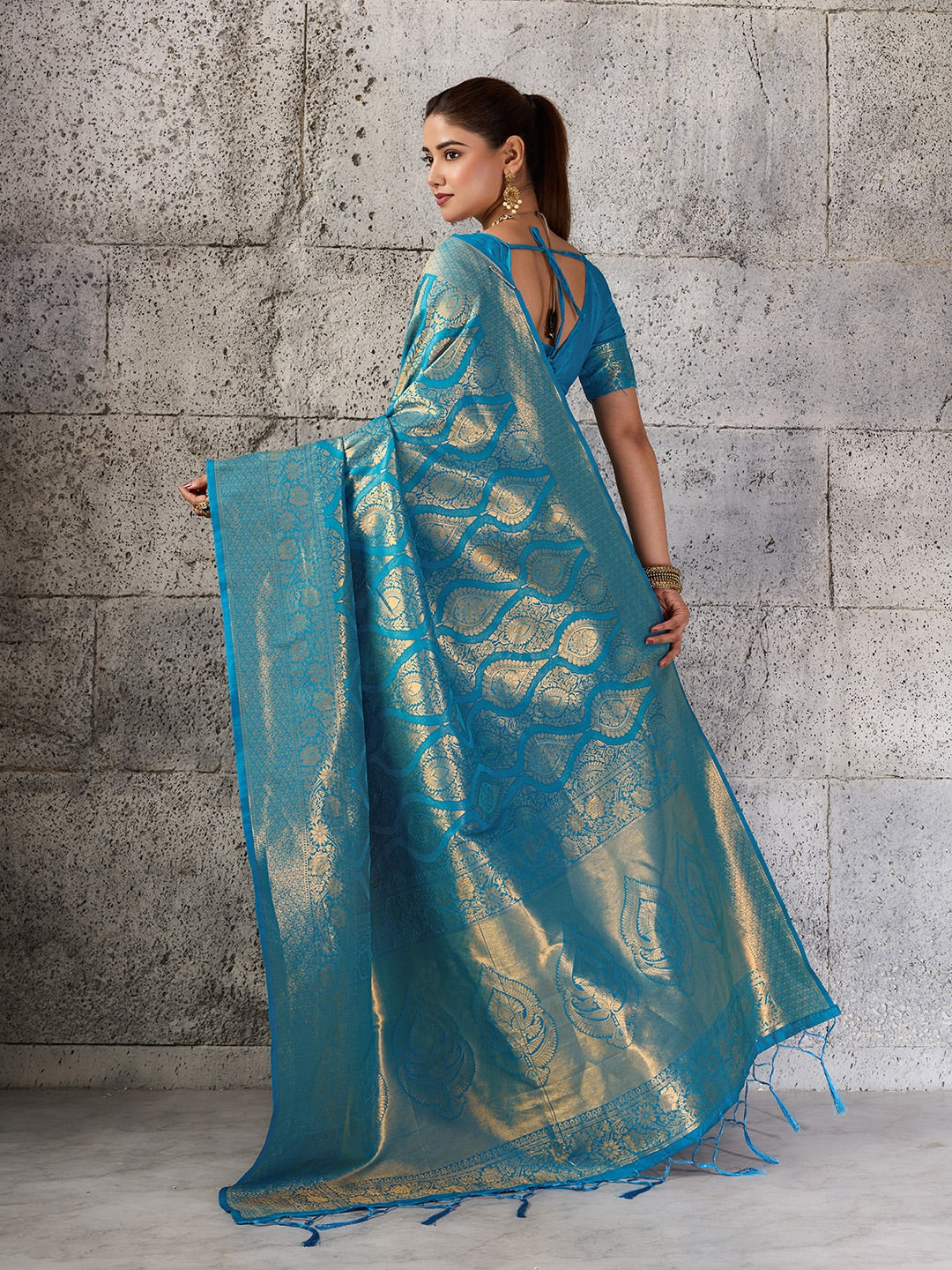 Peachmode Teal Kanjivaram Silk Blend Saree - Image 3