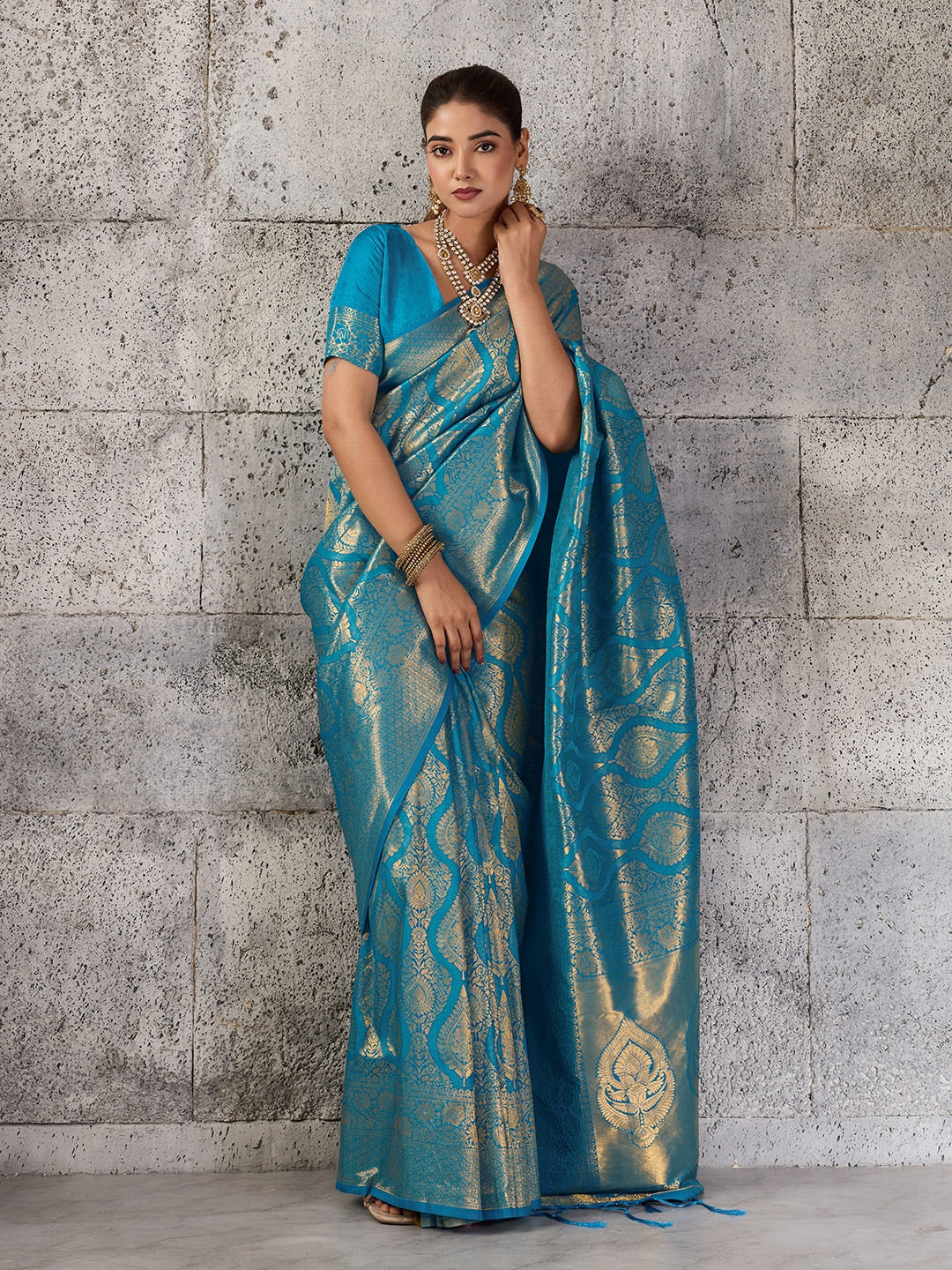 Peachmode Teal Kanjivaram Silk Blend Saree - Image 4