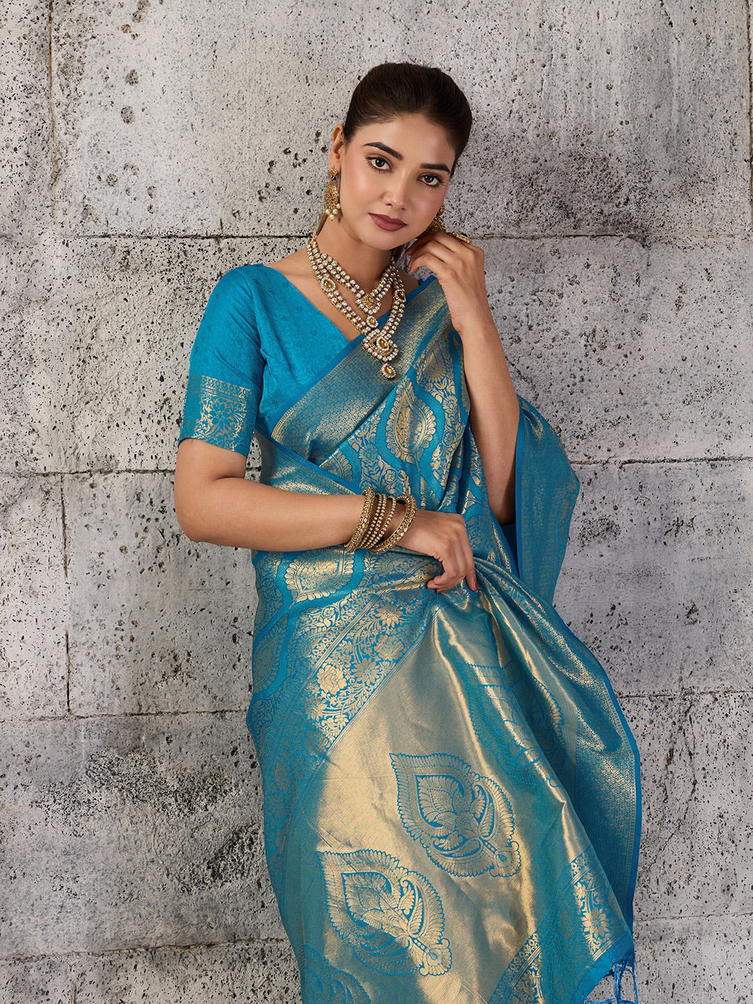 Peachmode Teal Kanjivaram Silk Blend Saree - Image 5