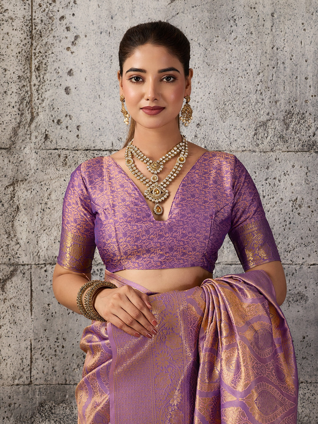 Peachmode Lavender Kanjivaram Silk Blend Saree - Image 6