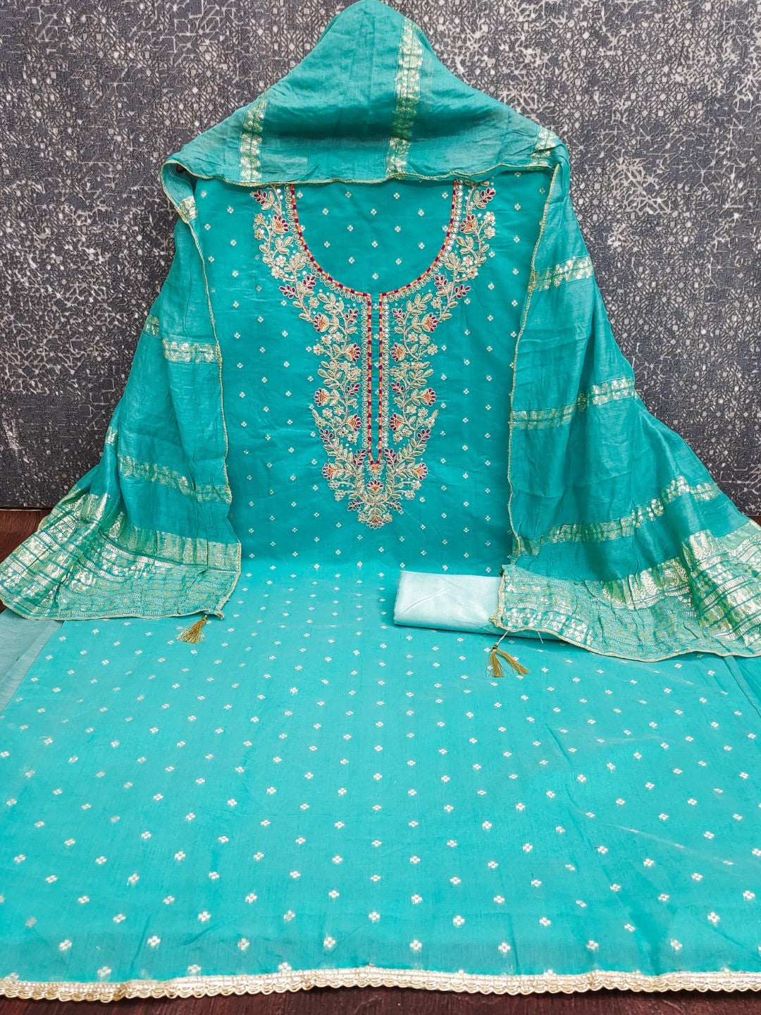 Peachmode Turquoise Chanderi Silk Dress Material with Ethnic Motifs - Image 4