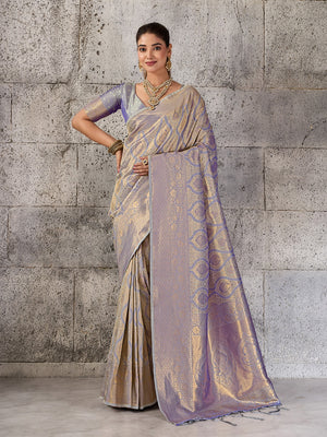 Peachmode Grey Kanjivaram Silk Blend Saree - Image 1