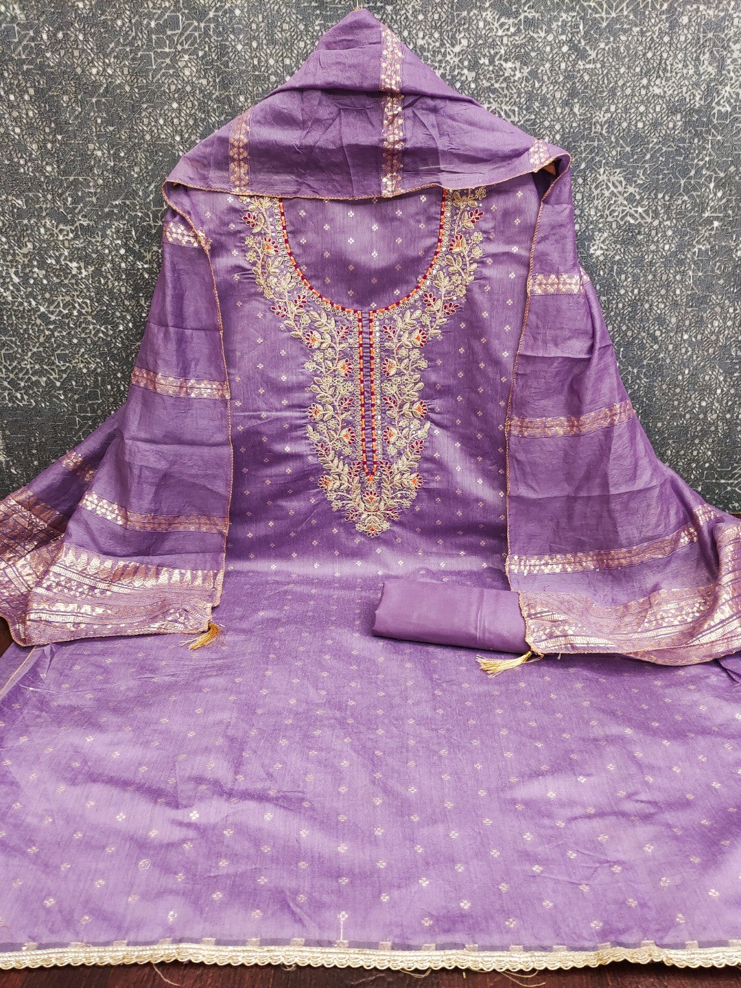 Peachmode Purple Chanderi Silk Dress Material with Ethnic Motifs - Image 5