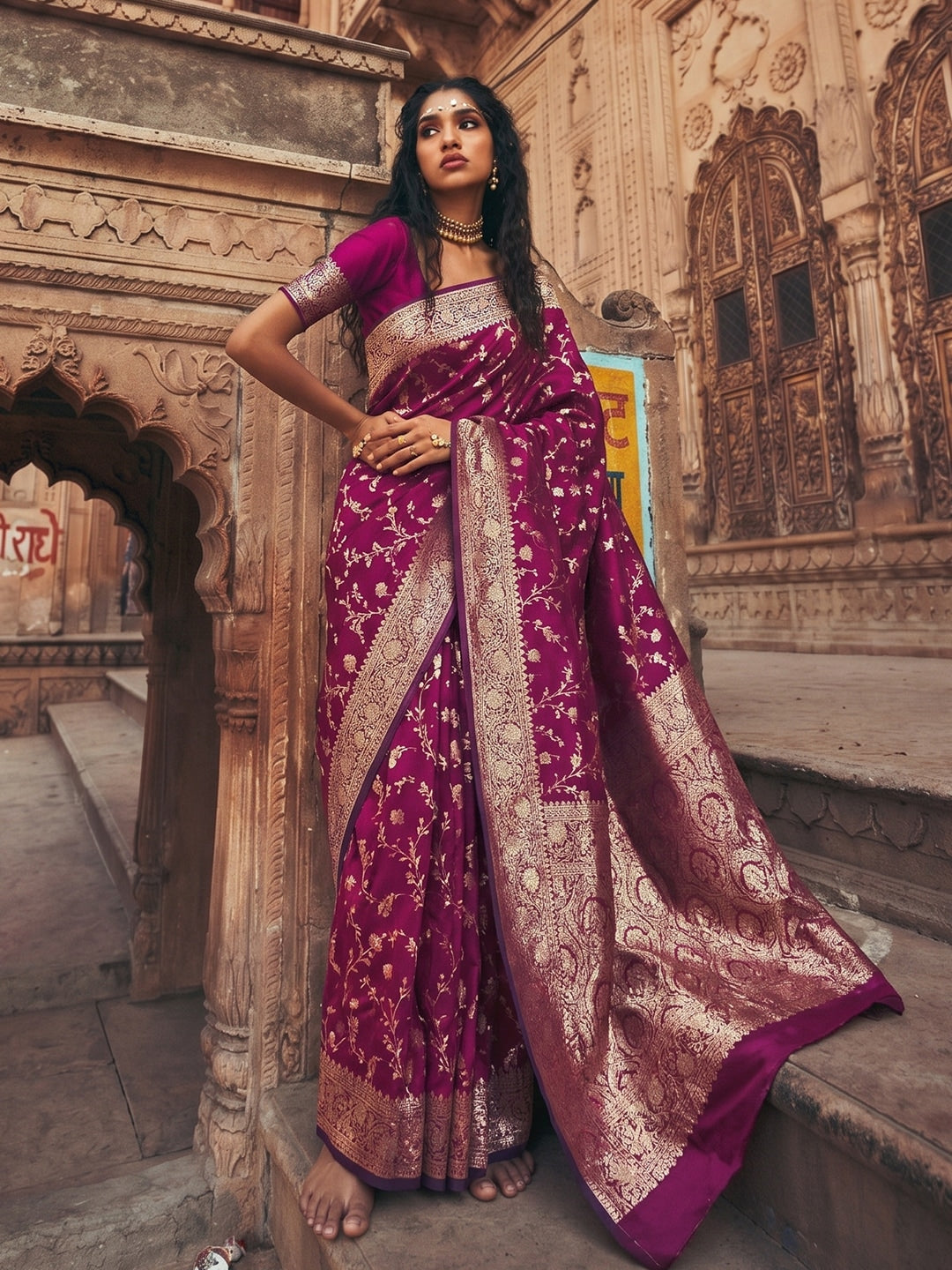 Peachmode Wine Art Silk Woven Saree - Image 1
