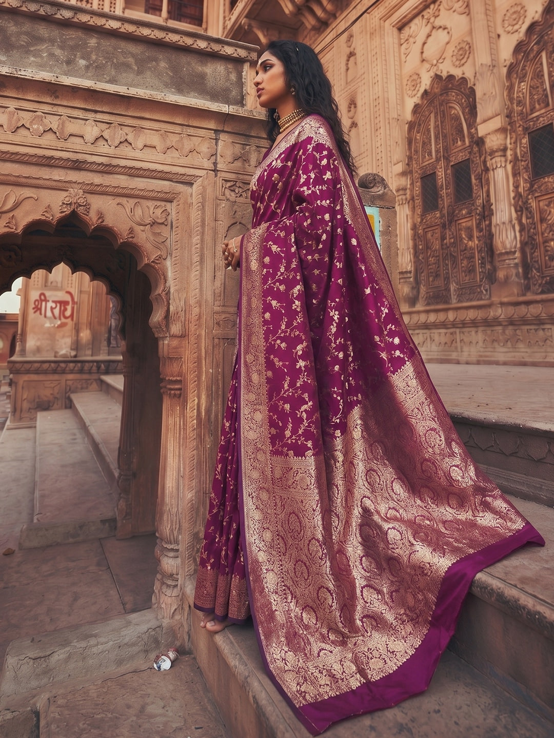 Peachmode Wine Art Silk Woven Saree - Image 3