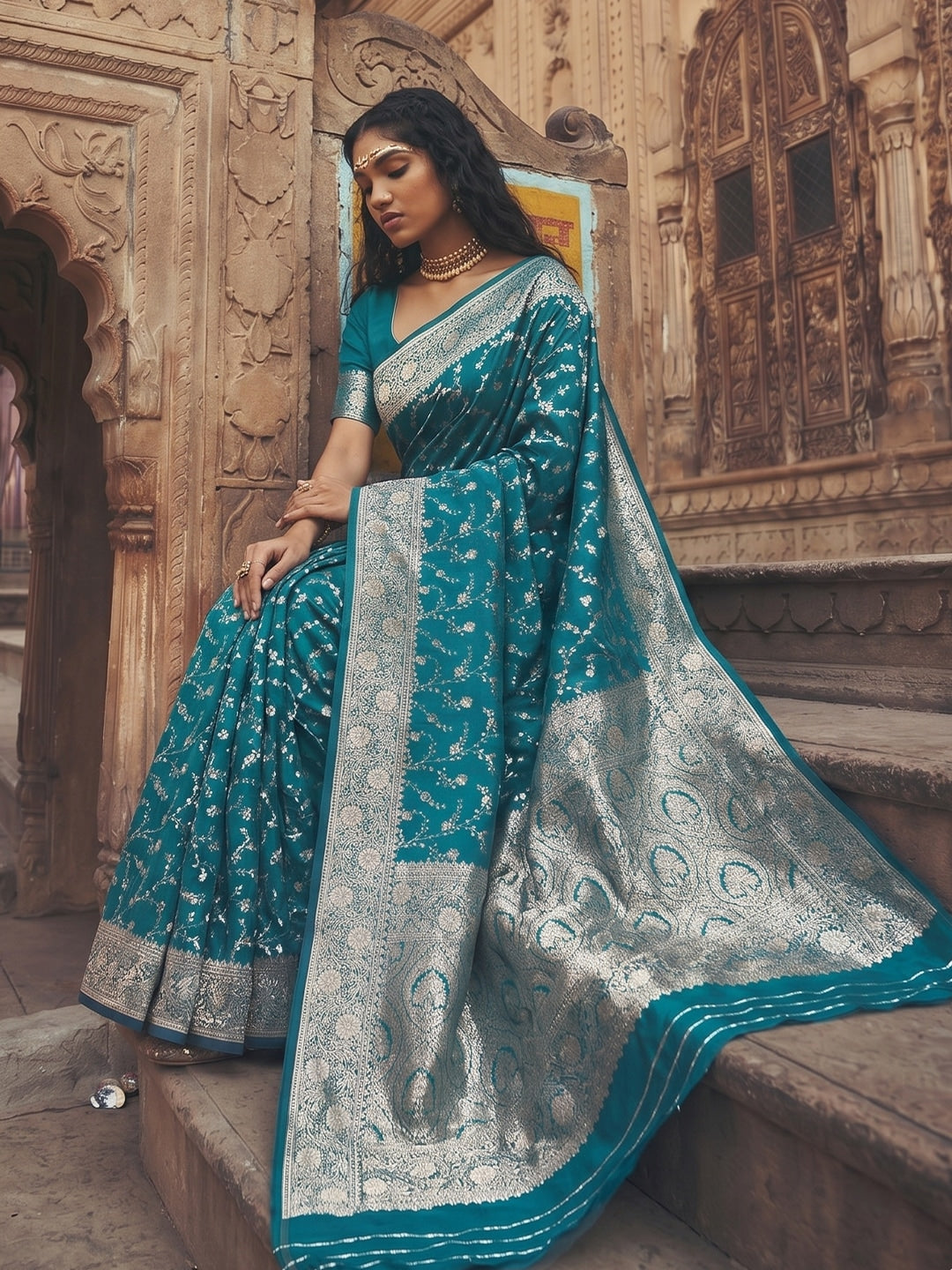 Peachmode Rama Blue Art Silk Woven Saree - Image 2