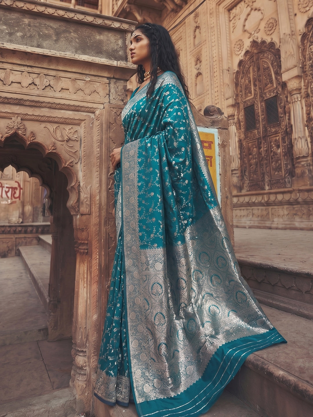 Peachmode Rama Blue Art Silk Woven Saree - Image 3