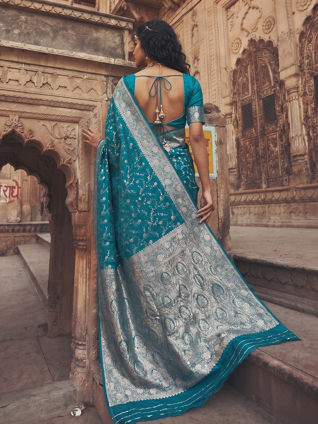 Peachmode Rama Blue Art Silk Woven Saree - Image 4