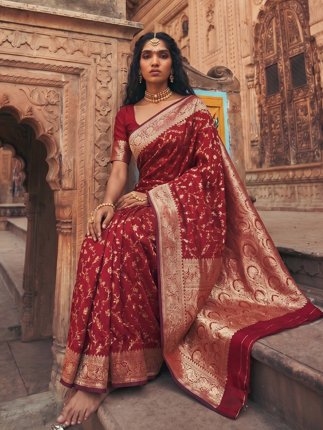 Peachmode Red Art Silk Woven Saree - Image 4