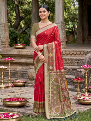 Peachmode Red Soft Silk Woven Saree - Image 1