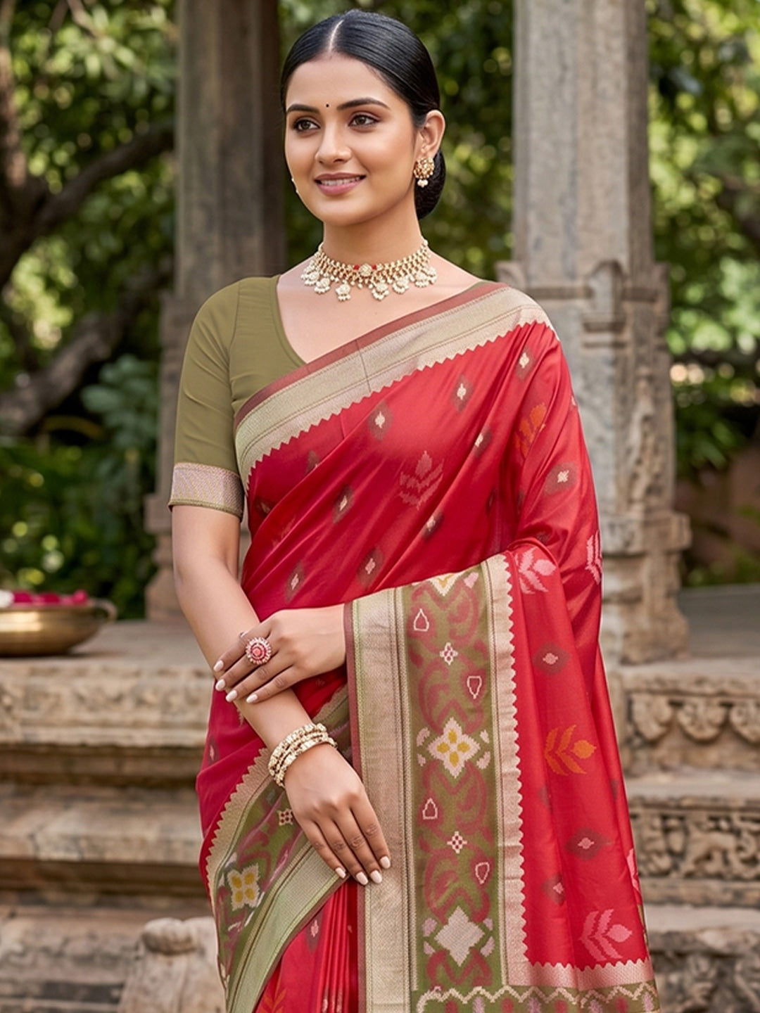 Peachmode Red Soft Silk Woven Saree - Image 4
