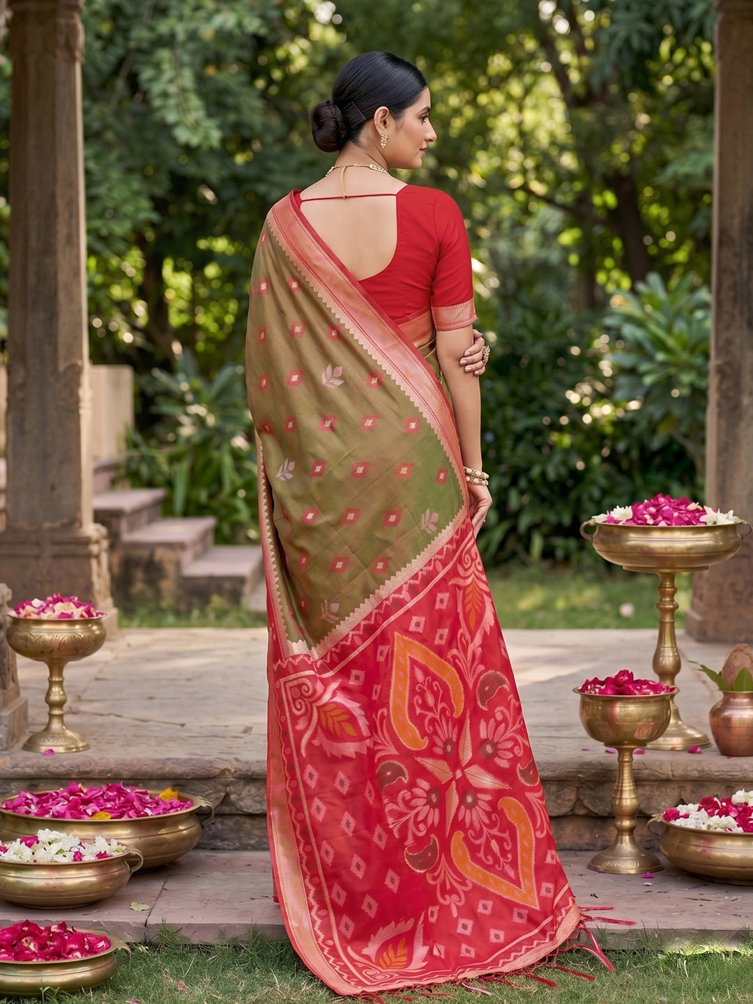 Peachmode Olive Soft Silk Woven Saree - Image 3