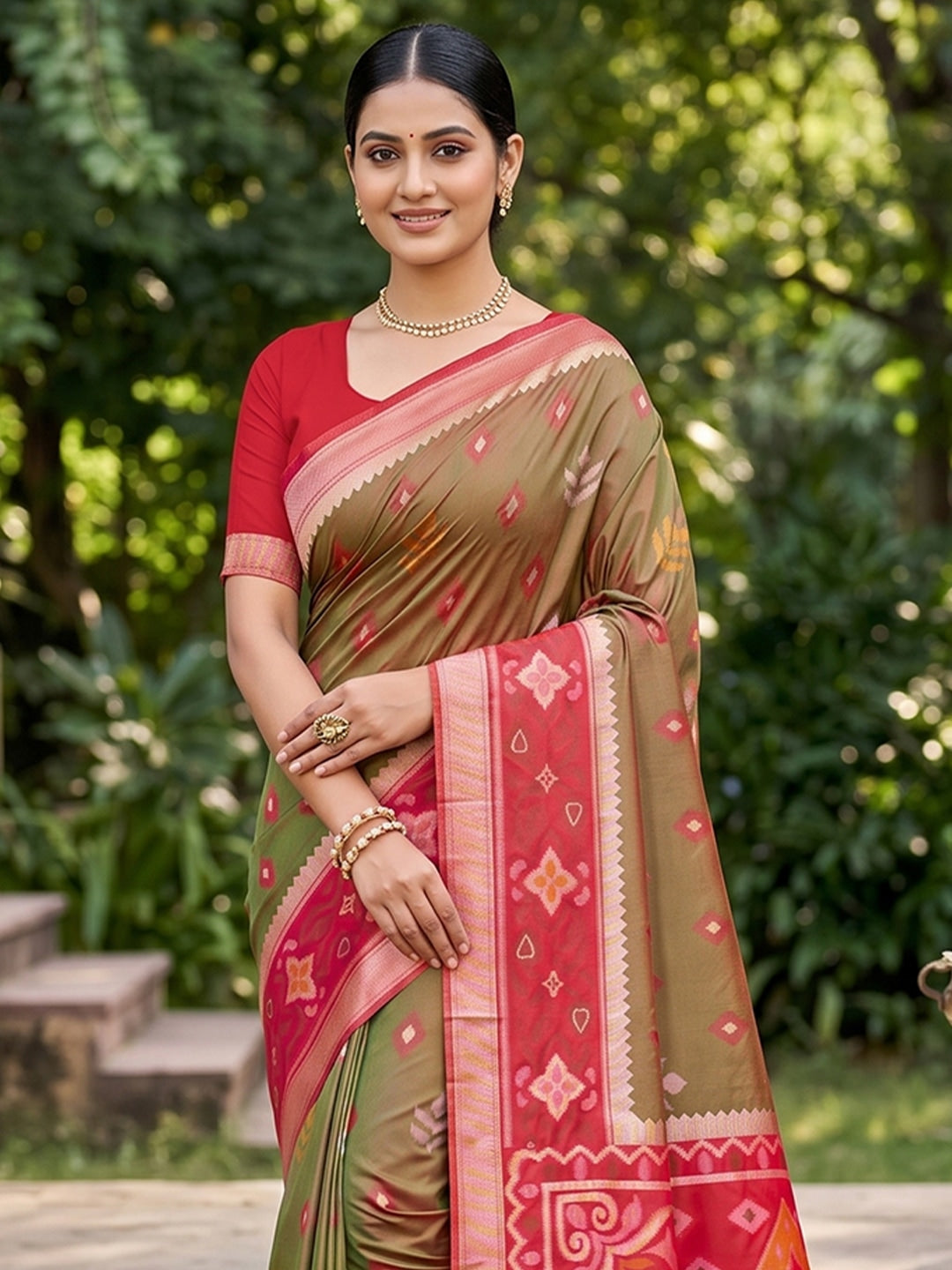 Peachmode Olive Soft Silk Woven Saree - Image 4