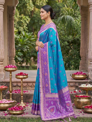 Peachmode Rama Blue Soft Silk Woven Saree - Image 2