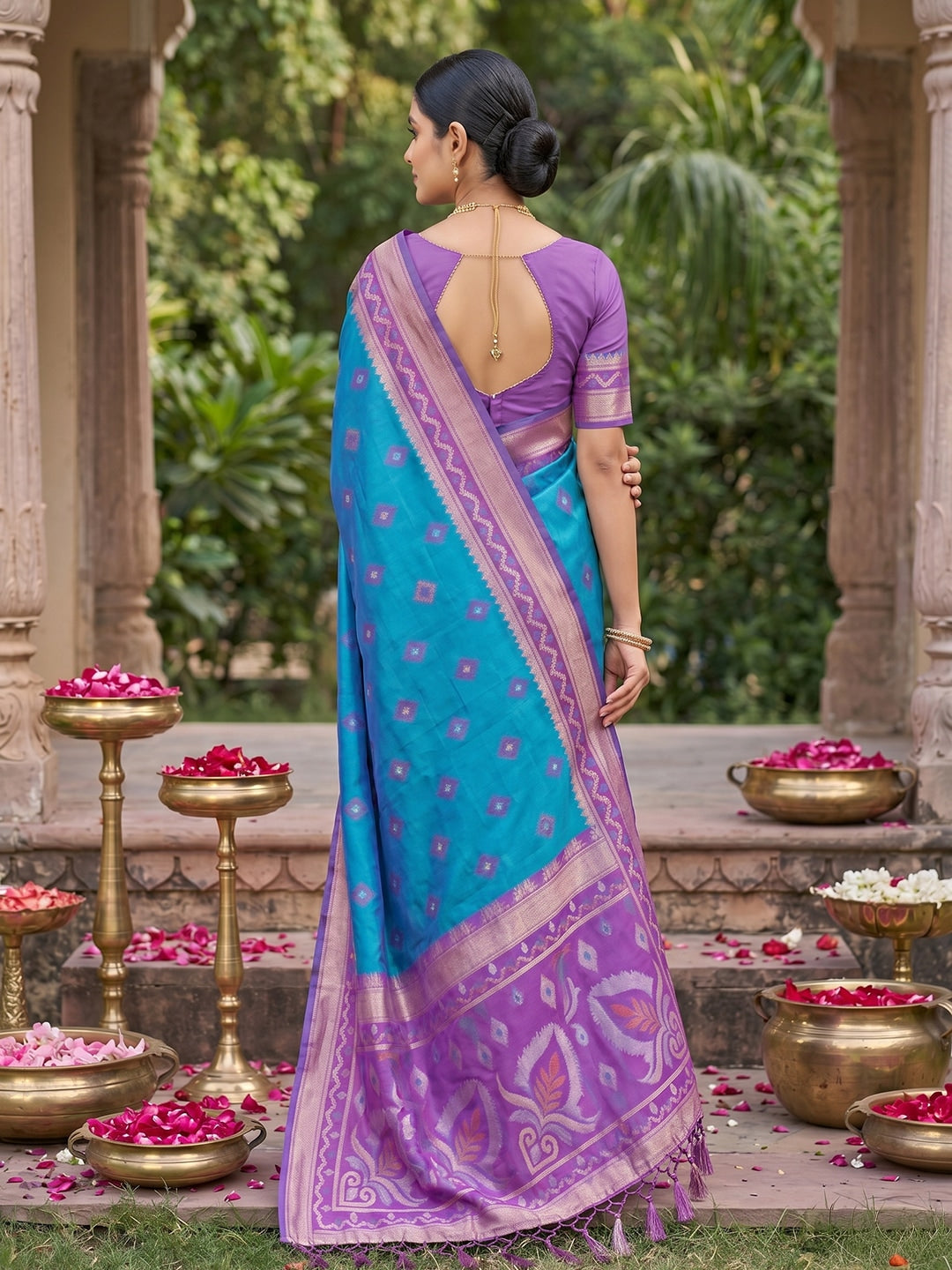 Peachmode Rama Blue Soft Silk Woven Saree - Image 3