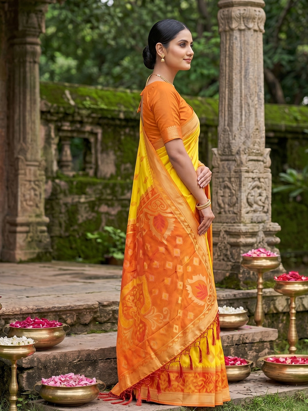 Peachmode Yellow Soft Silk Woven Saree - Image 3