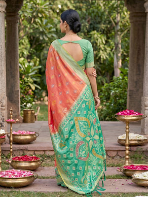 Peachmode Mustard Soft Silk Woven Saree - Image 2