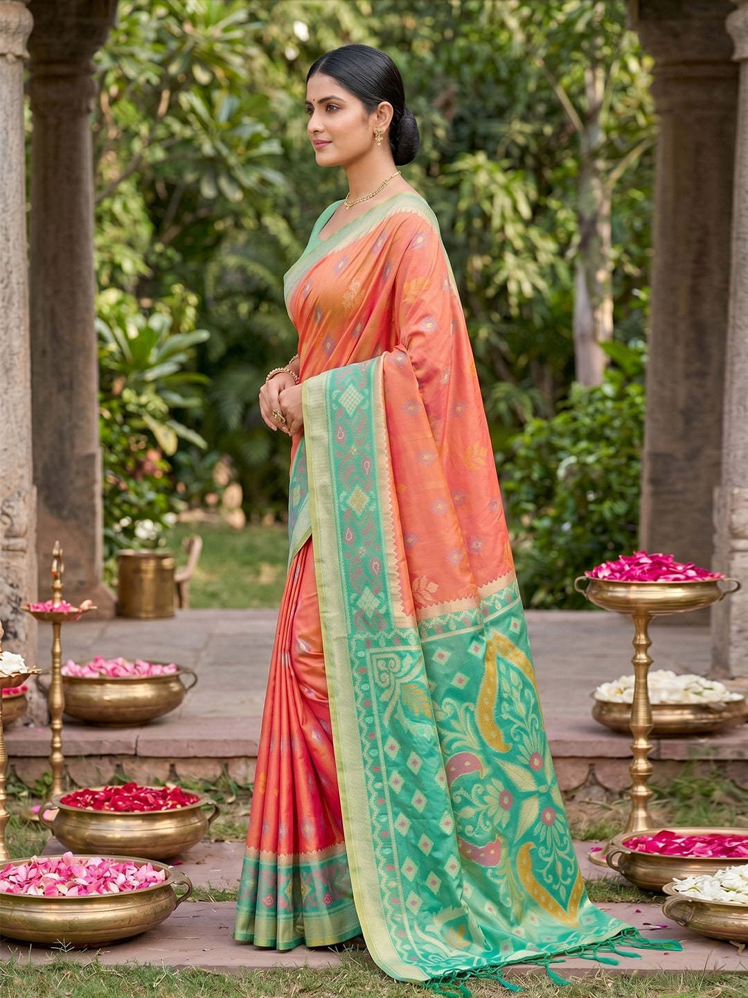 Peachmode Mustard Soft Silk Woven Saree - Image 3