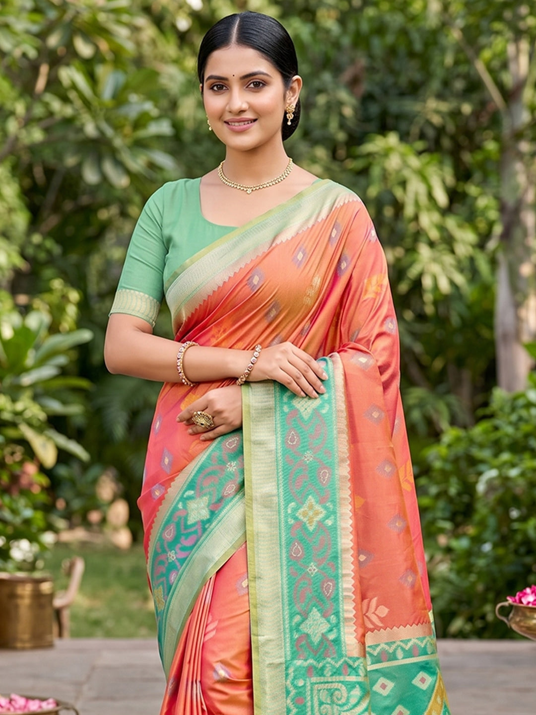 Peachmode Mustard Soft Silk Woven Saree - Image 4