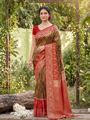 Peachmode Olive Soft Silk Woven Saree - Image 1